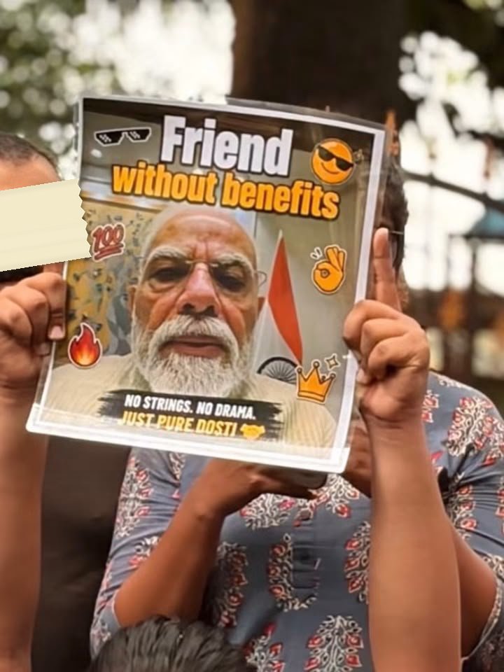 A poster laid out like a social media card reading Friend without benefits, No strings, no drama, just pure dosti, around a portrait of the Prime Minister