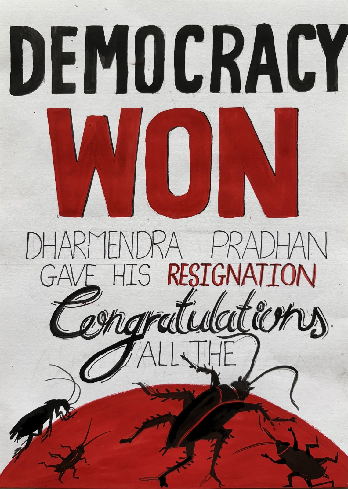 Hand-painted poster reading Democracy Won
