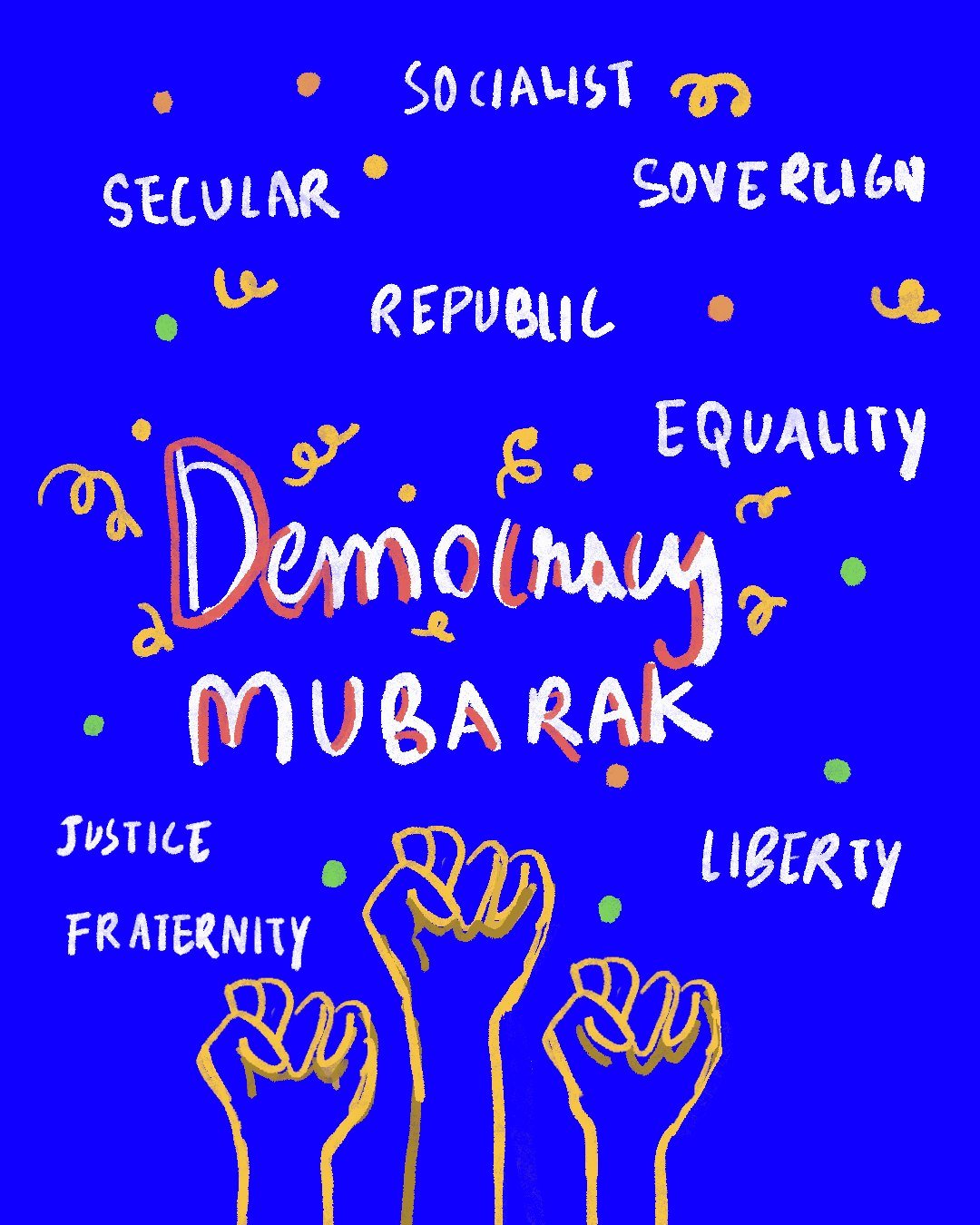 A blue poster with the words of the Preamble scattered around the word Democracy and three raised fists
