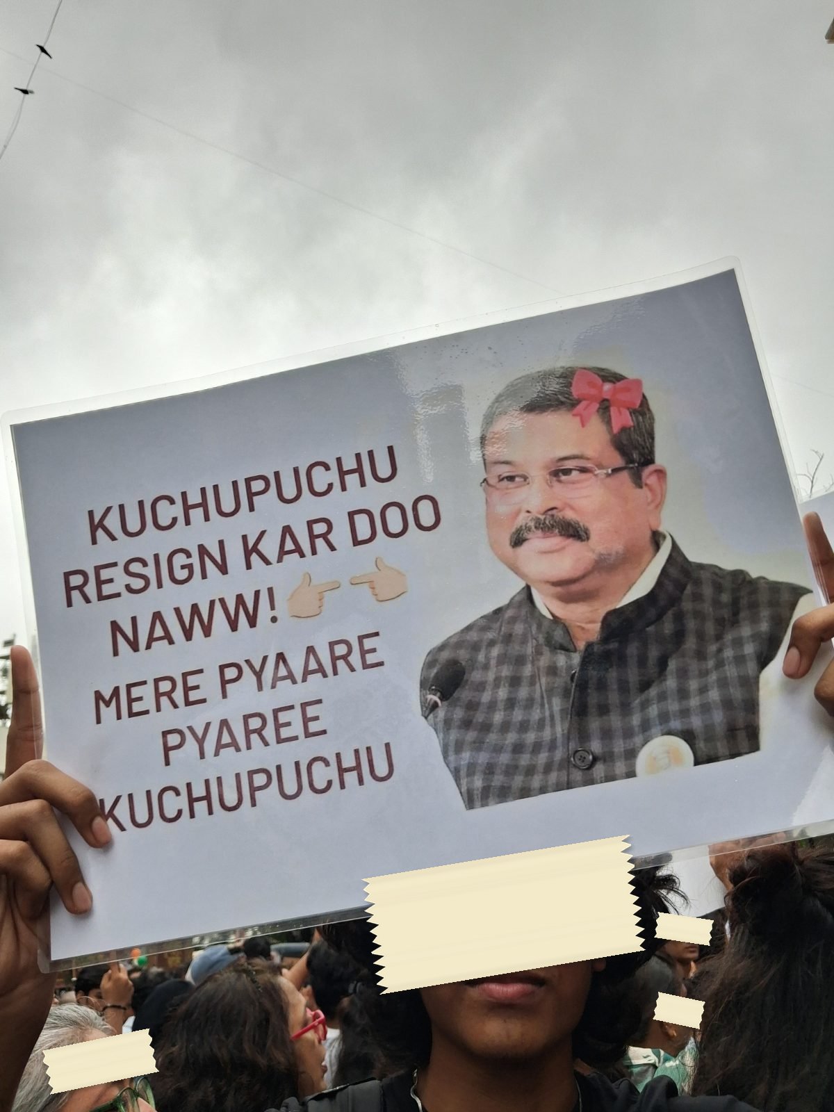 A large printed poster of the education minister with a pink bow added to his hair, addressed in baby talk