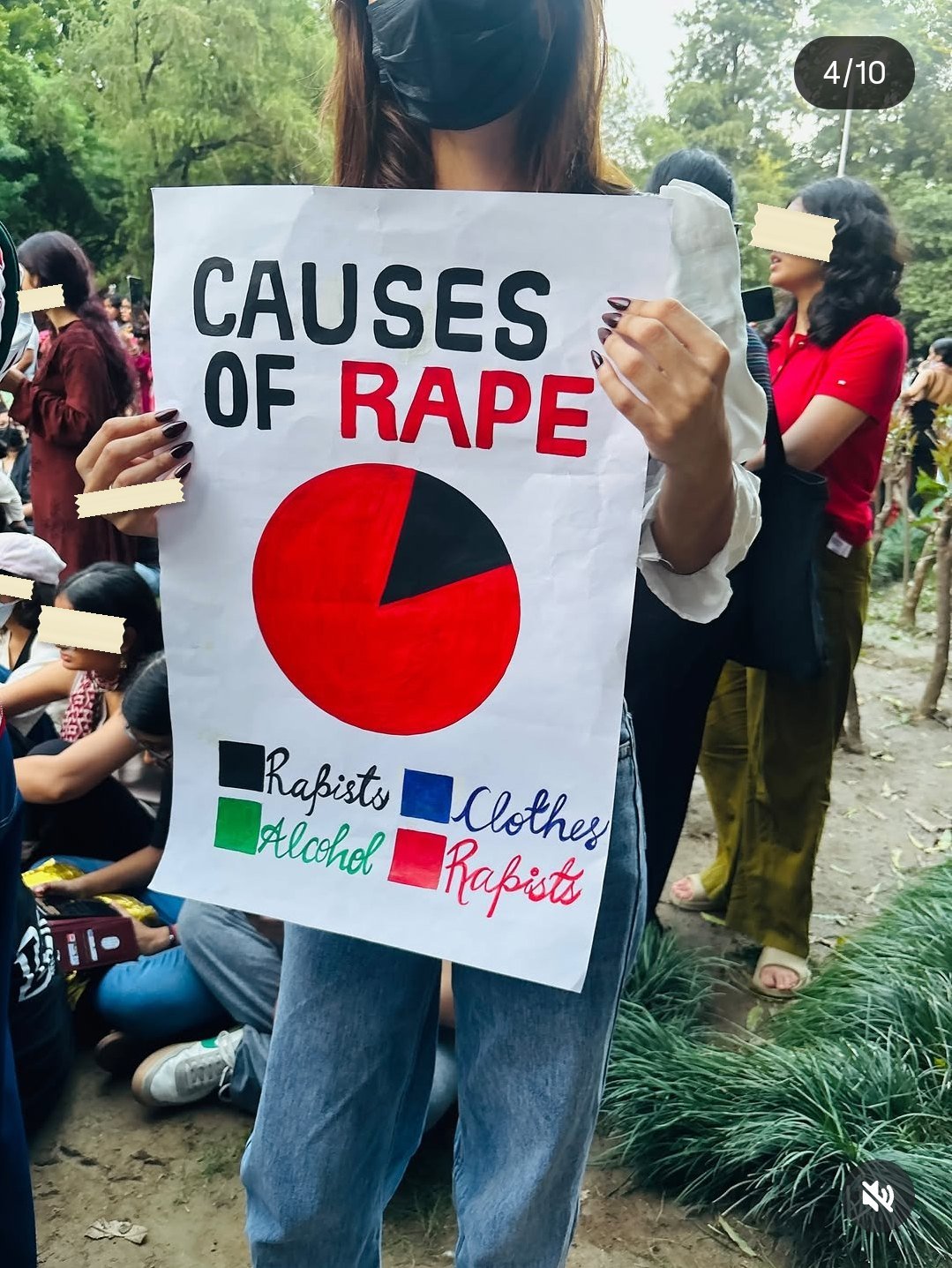 A hand-drawn poster headed CAUSES OF RAPE above a pie chart filled entirely in red and black, with a four-colour key beneath it reading Rapists, Clothes, Alcohol, Rapists.