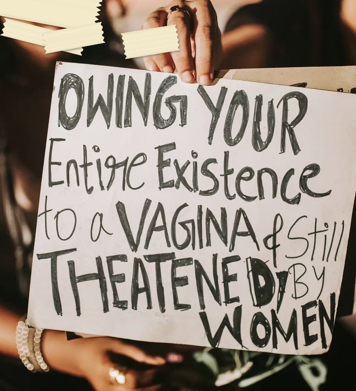 A hand-lettered white placard reading OWING YOUR Entire Existence to a VAGINA and Still THREATENED BY WOMEN, with the final letters crammed together.